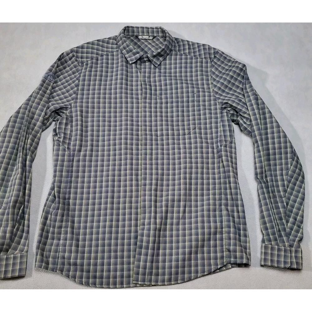 Arcteryx Shirt Mens Large Gray Black Check Long Sleeve Snap Button Hiking
